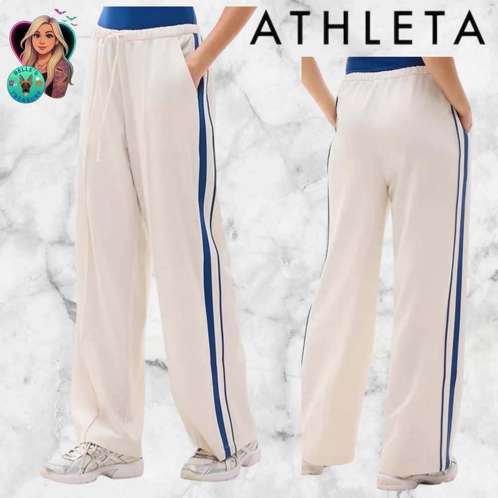 Athleta MVP Side Stripe Pant Cream Blue Wide Leg Snap Hem Womens Medium NEW $138